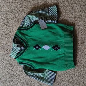 Green Argyle Kids Button Down Shirt and Sweater Vest Set